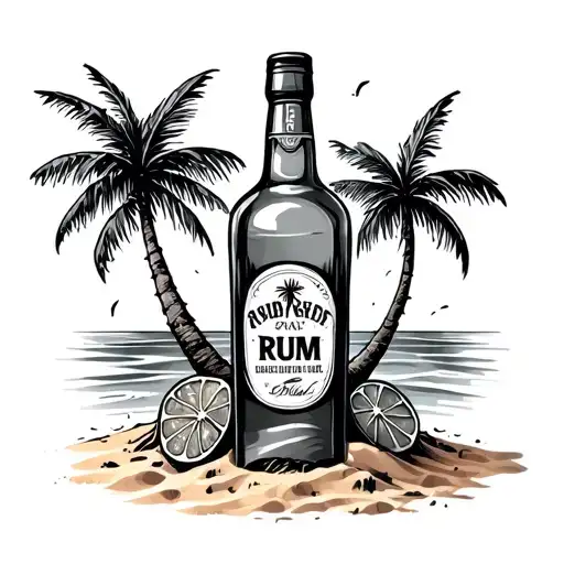 Rum Bottle Planted In The Sand With Palm Tree
