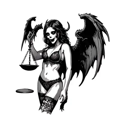 Scary Girl In Sexy Lingerie With Demon Wings Holds Scales Of Justice
