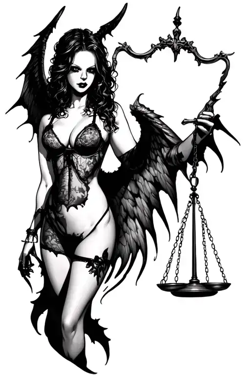 Scary Girl In Sexy Lingerie With Demon Wings Holds Scales Of Justice