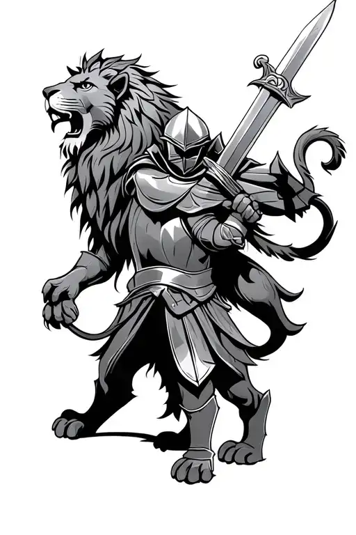 Lion And Knight Holding A Sword
