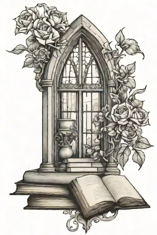 Gothic Architecture Window With Books And Flowers Intertwined