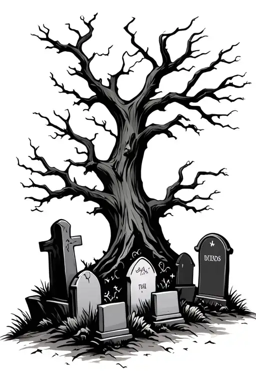 Spooky Cemetery With Dead Tree