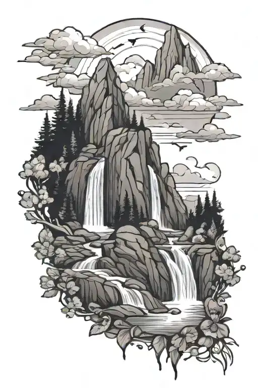 Mountains And Waterfall Cascading