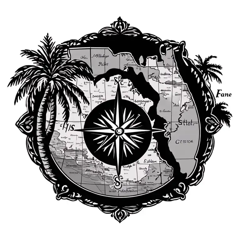 State Of Florida Nautical Chart With Palm Trees And Compass Rose