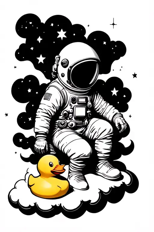 Astronaute Seated On A Cloud And A Rubber Duck Toy By Its Side