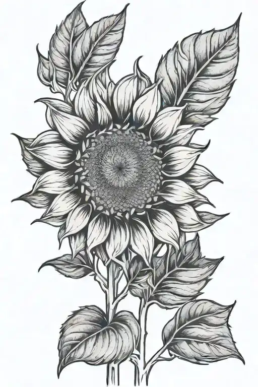 Fine Line Sunflower With Leaves Spine Tattoo Design
