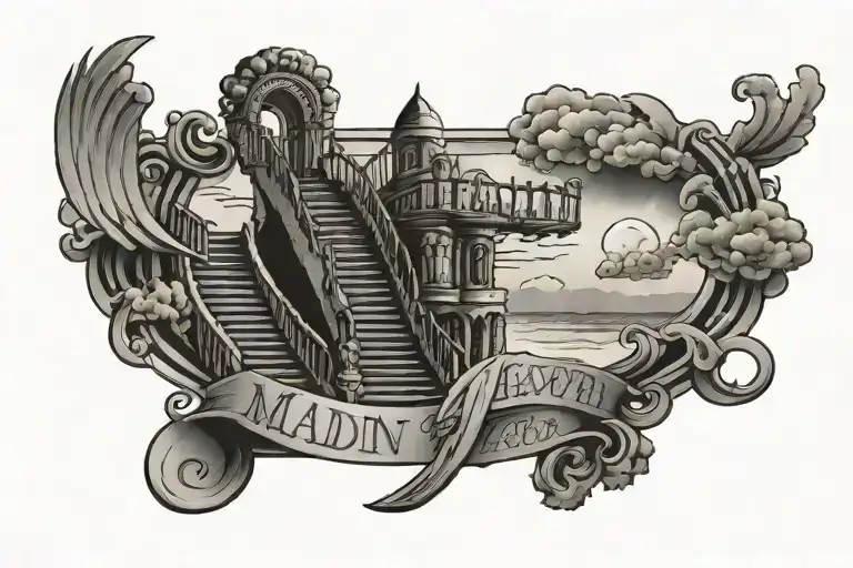 Made In Heaven Tattoo On Two Lines With Staircase To Heaven In Background