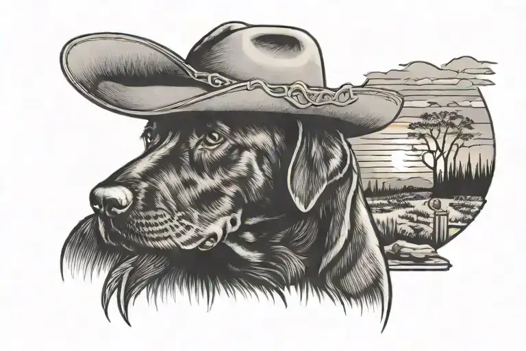 Black Labrador Wearing A Cowboy Hat Sitting Watching The Sunset