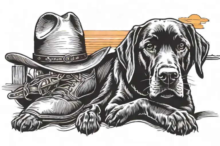 Black Labrador Wearing A Cowboy Hat Sitting Watching The Sunset