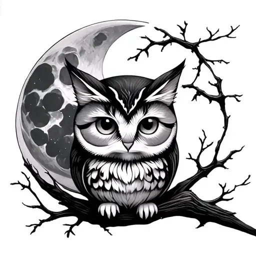 Cat Owl Tree Moon
