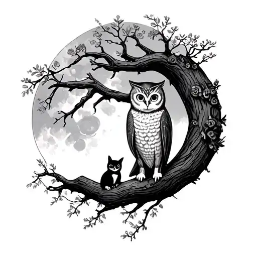 Owl Tree Moon With Cat