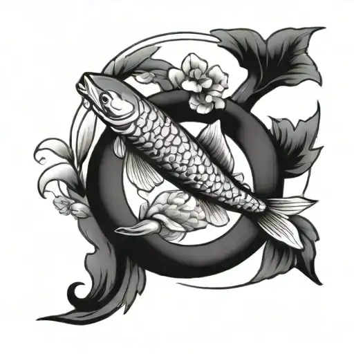 Yin Yang Koi Fish Swimming Around A Bonsai Tree