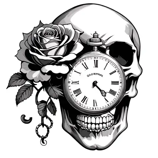 Rose And Pocket Watch In A Skull