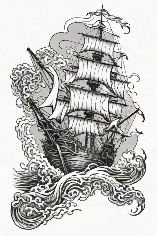 Ship Sailing Through Stormy Seas And Kraken Reaching