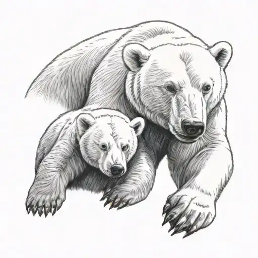 Polar Bear With A Cub Laying