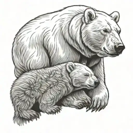 Polar Bear With A Cub Laying Head On Arm