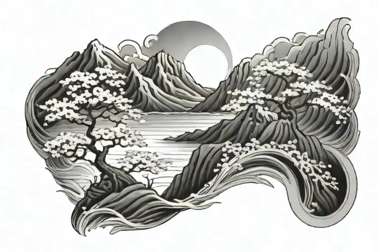 Ocean Waves Merging With Japanese Cherry Blossom Trees On A Mountain Peak