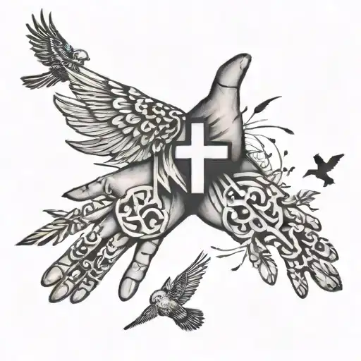 Hand Tattoo With 3 Crosses Side By Side With Birds Flying In The Background