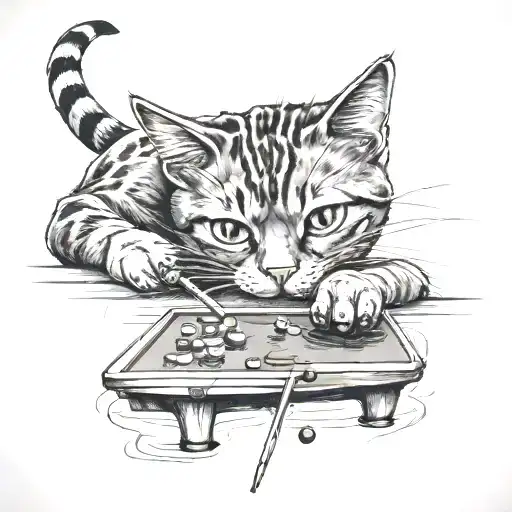 A Realistic Black And Grey Tattoo Of A Cat Playing Billiards On A Ps4 Controller