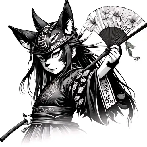 Japanese Samurai Girl Wearing A Kitsune Mask And Holding A Fan With Irises Flowers