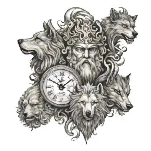 Zeus Y Poseidon And Wolf Face And Clock