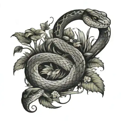 A Black-grey Tattoo Of A Plant Lover Snake Winding Through A Forest With Mushrooms