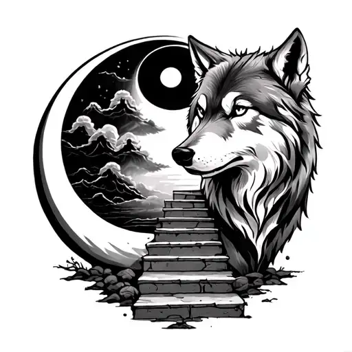 Wolf With Stairway To Heaven And Ying Yang Moon