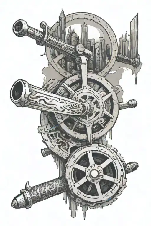 A Sword Piercing Through A Film Reel With City Skyline In The Background