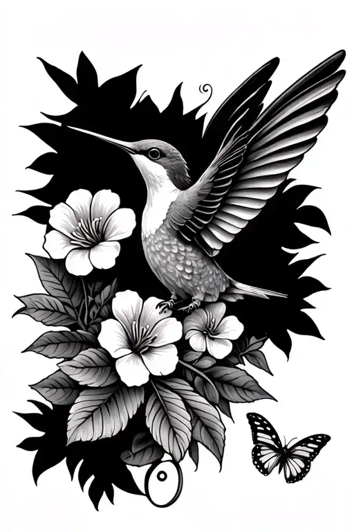 Jamaican Humming Bird With Flowers And Butterflies