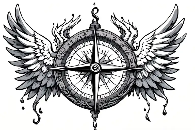 Medium Compass With Wings Spread With An Ethereal Water Tail Gushing Downard From The Center