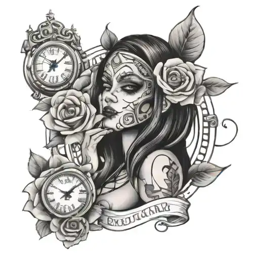 Gang Girl With Mask And Money Tattoo Surrounded By Roses And A Clock