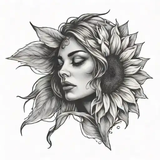 Half Face Woman With Tears And A Sunflower