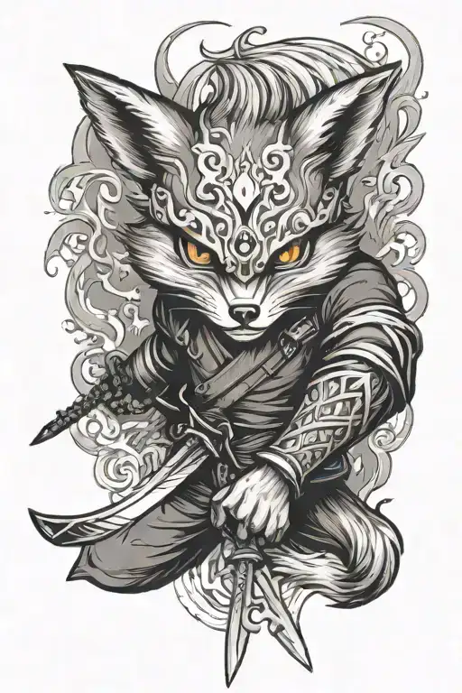 A Fox In A Mask Of Anger Holds A Katana Wrapped In Fire