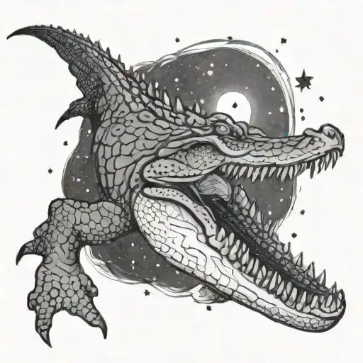 A Mystical Scene Of A Lone Crocodile Swimming In A Galaxy Filled With Stars And Planets