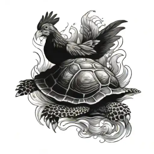 Turtle And Chicken In The Water Together