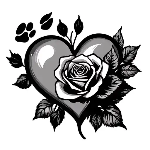 Heart With Rose Intertwined And Dog Paw Print Fine Line