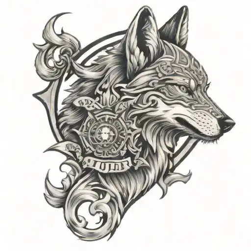 Intricate Black-grey Tattoo Of A Firefighter Emblem With A Wolf Howling In The Foreground