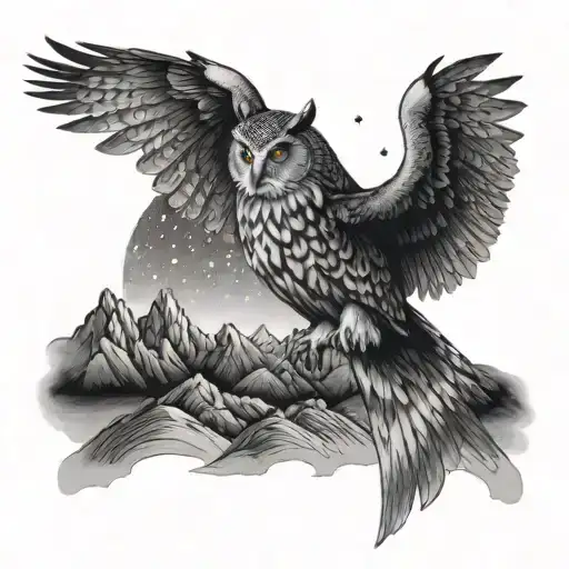 A Majestic Owl Soaring Through A Starry Night Sky Above A Mountain Range