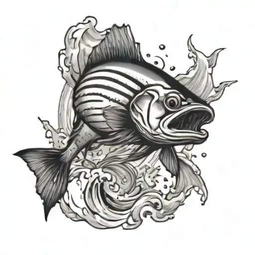 A Black-grey Tattoo Of A Wahoo Fish Jumping Out Of The Water