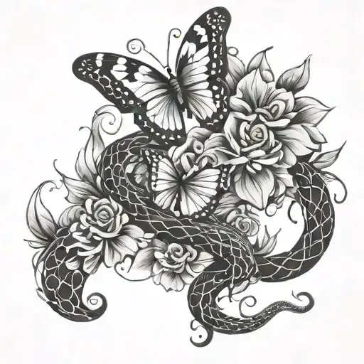Flowers Butterflies Snake Tattoo Design Combining Elements