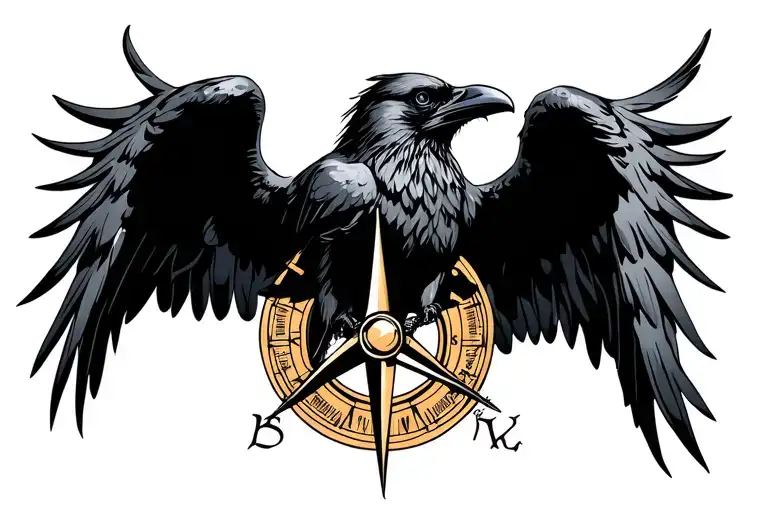 Raven Flying With Open Wings And Compass Rose Intertwined