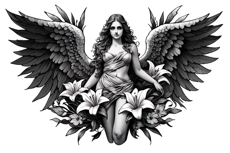 Long Leg Sleeve With Lily Flowers Wrapping Around Old Style Angel