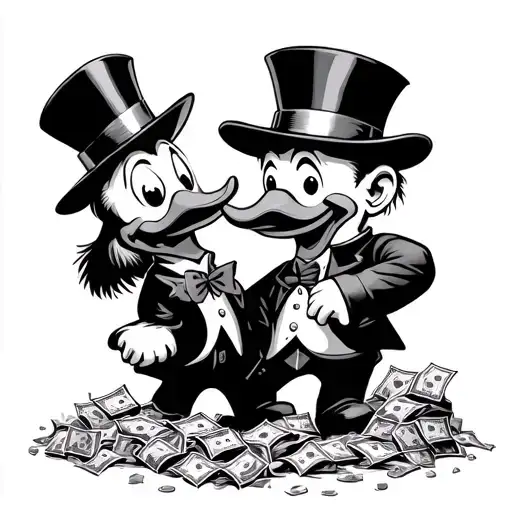 Black And White Mr Monopoly And Scrooge Mcduck Pooring Out Bags Of Money