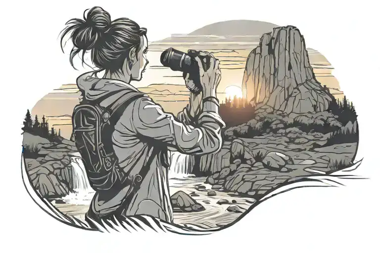 A Silhouette Of A Woman Hiker With A Messy Hair Bun Taking A Photo Of A Waterfall At Sunset