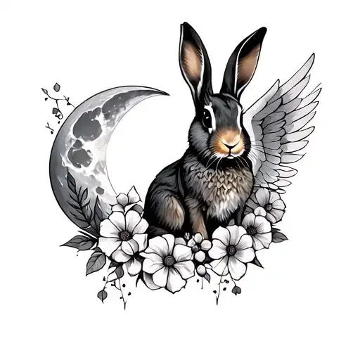 Rabbit Flowers Angel Wings Moon Surrounded