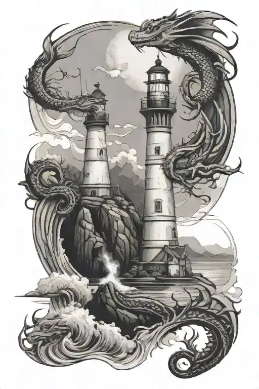 Lighthouse On Hill Surrounded By Water Dragon