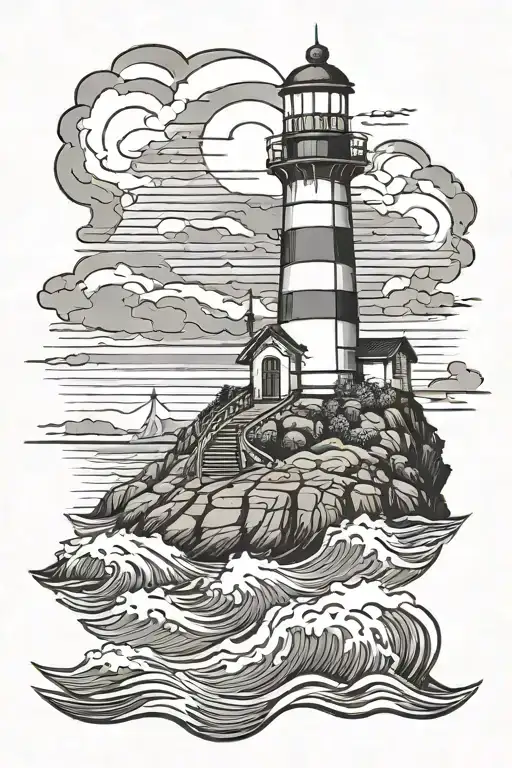 Lighthouse On Hill Surrounded By Water In Perspective
