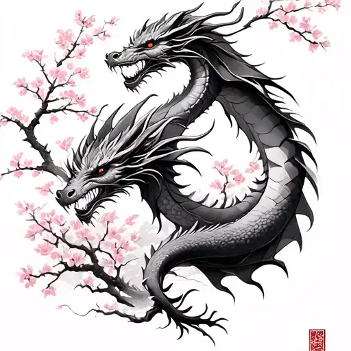 Dragons And Cherry Blossom Tree
