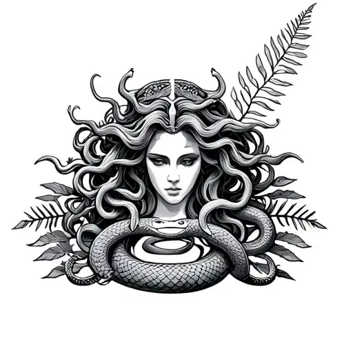 Medusa Gargon And The Sign Of The Zodiac Libra With A Snake With A Fern