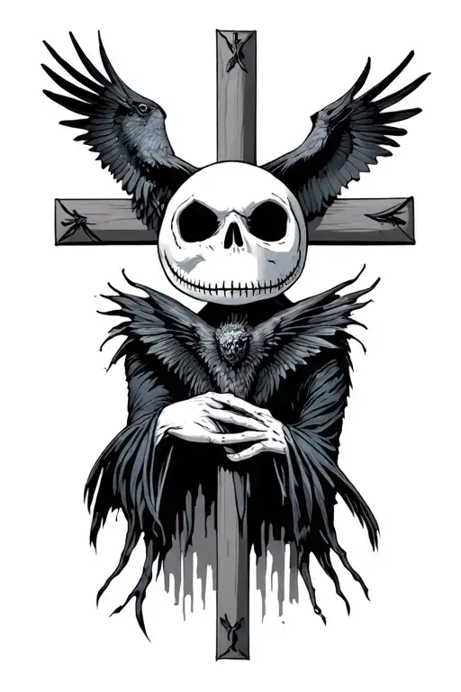Jack Skellington Full Body Skull In Left Hand Raven On A Cross